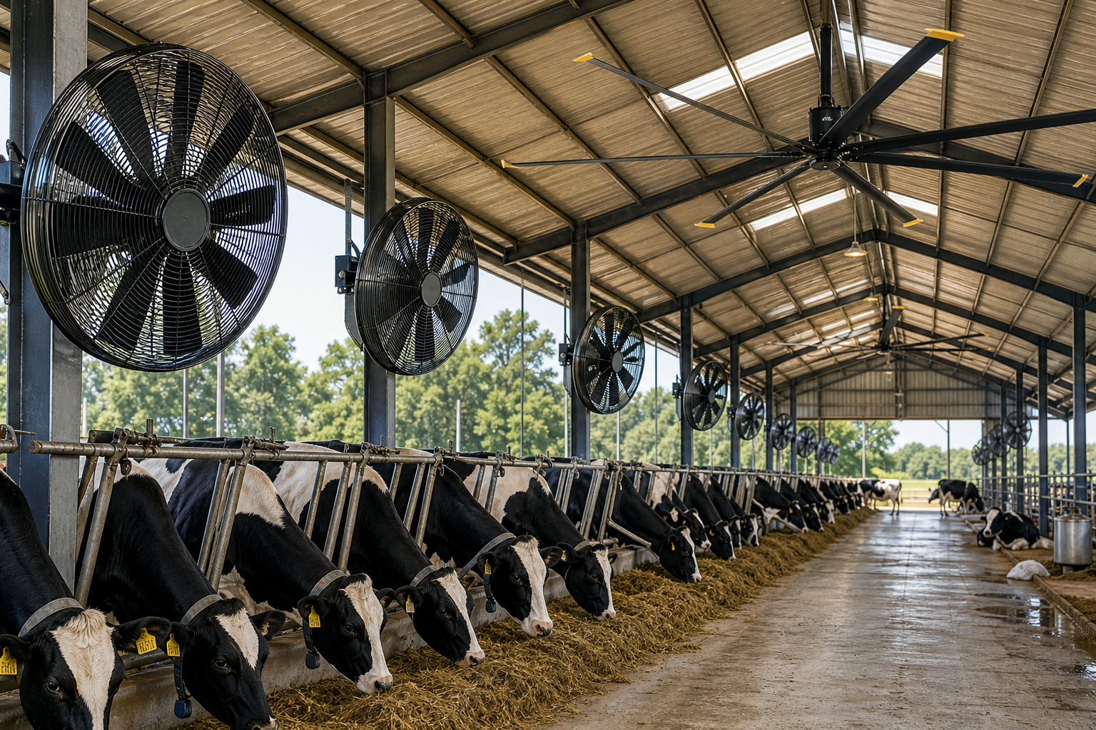 Efficient airflow through industrial fans keeps dairy cows cool, healthy, and productive in a modern farm environment.
