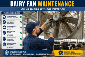 Technician performing dairy fan maintenance inside a dairy barn by inspecting and servicing a large ventilation fan. Regular maintenance helps improve airflow, reduce heat stress, and enhance dairy cow comfort and productivity.