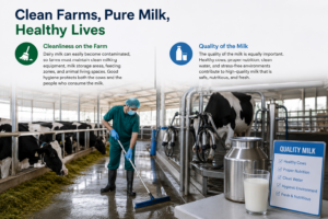 Clean dairy farm with hygienic milking equipment and quality milk