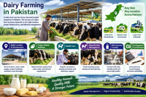 Dairy farming in Pakistan showing cattle nutrition, healthcare, reproduction management, milk production, and farm infrastructure