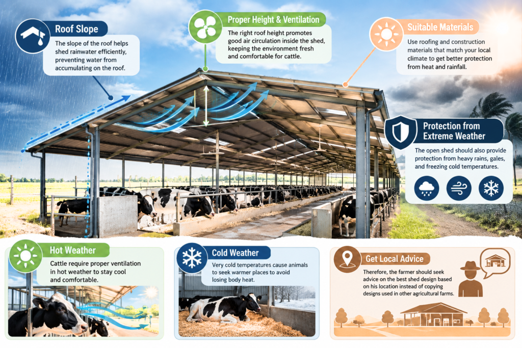 Modern open-sided dairy farm shed with sloped roof, proper ventilation, and weather protection for cattle.
