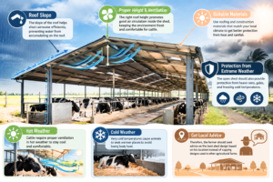 Modern open-sided dairy farm shed with sloped roof, proper ventilation, and weather protection for cattle.
