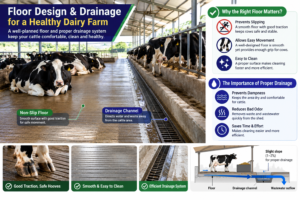 Dairy farm shed floor design with non-slip flooring and proper drainage system for cattle`