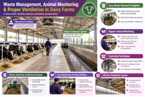Modern dairy farm shed with manure waste collection system, animal monitoring, and controlled ventilation
