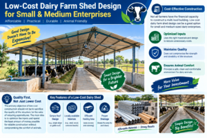 Low-cost dairy farm shed design with affordable materials, practical construction, proper drainage, and comfortable cattle housing